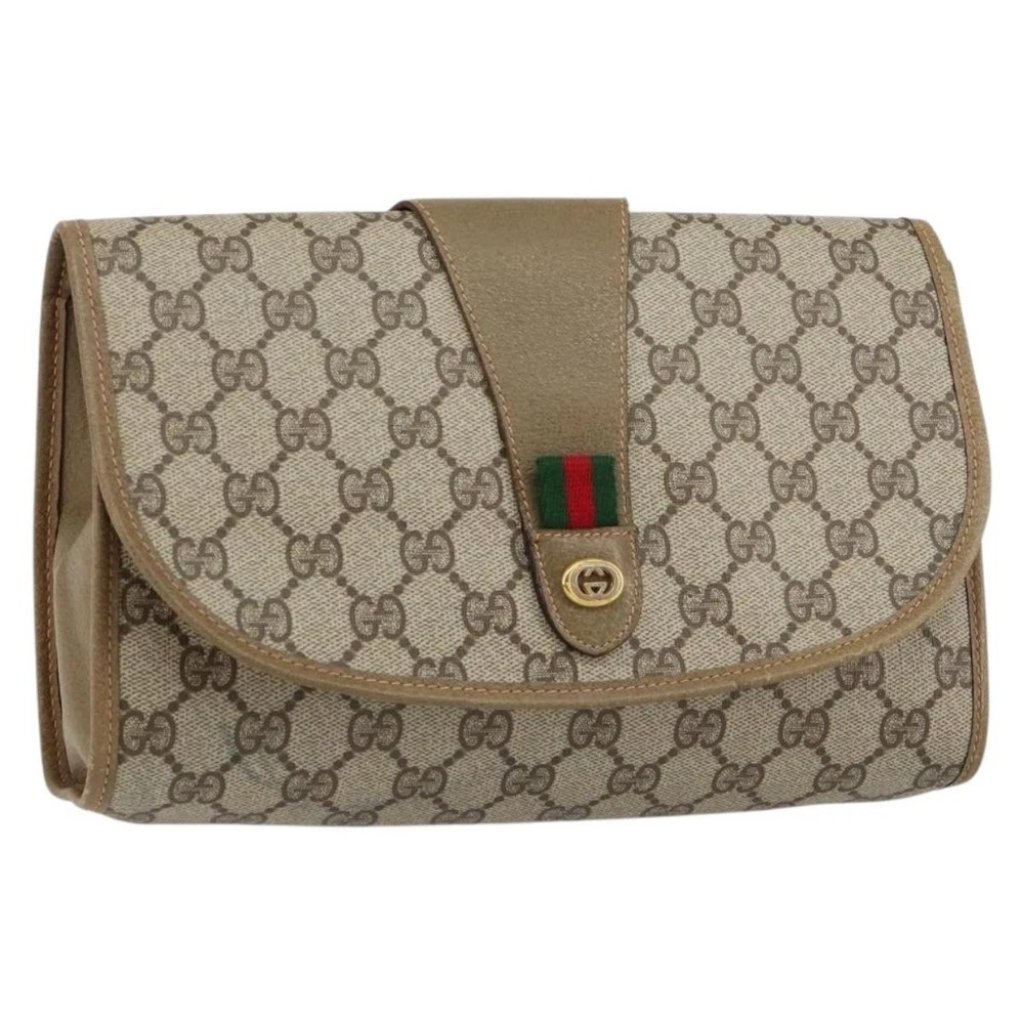 Gucci Gg Supreme Web Sherry Line Clutch Bag Pvc Beige Gold